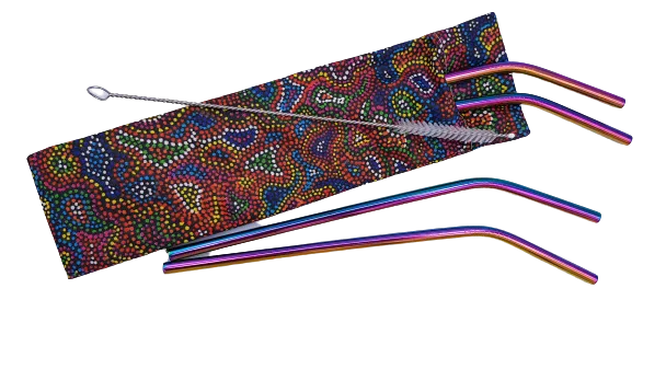 Lot 4 pailles courbées arc en ciel + goupillon + pochette